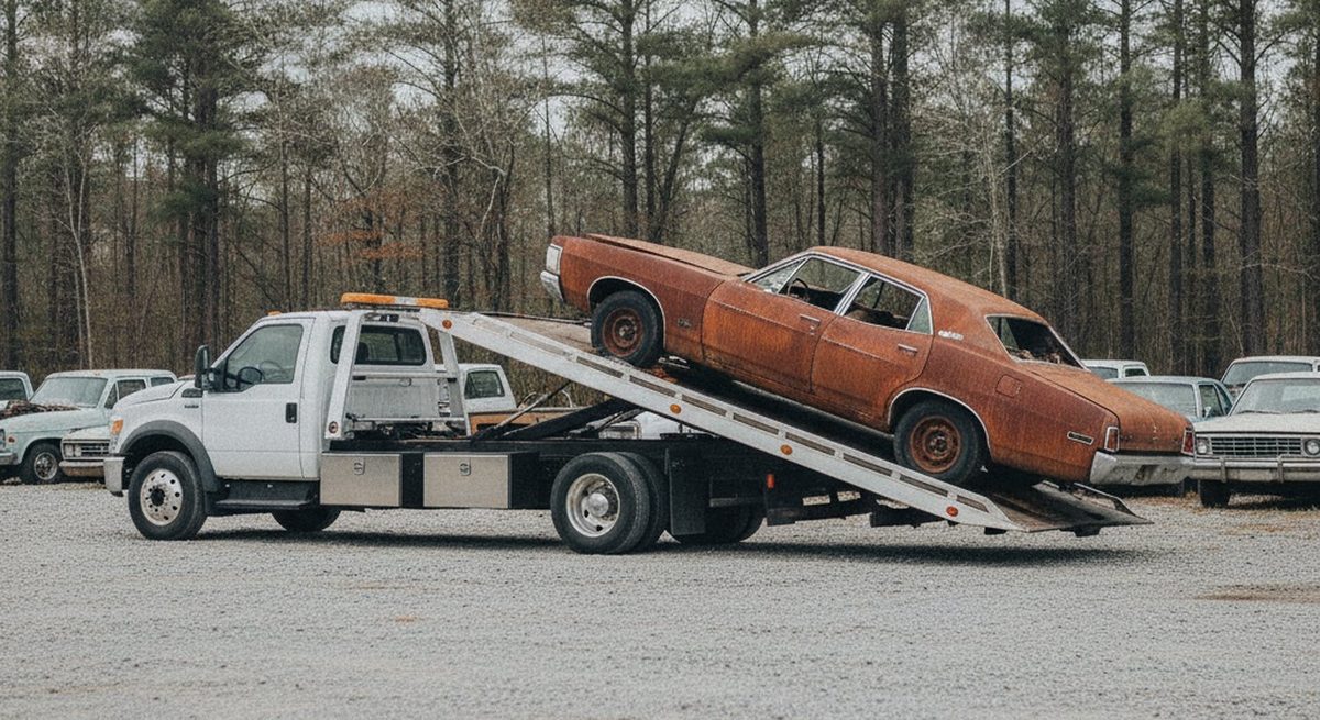 Flatbed hauling away a junk vehicle during free pickup in Fayetteville NC