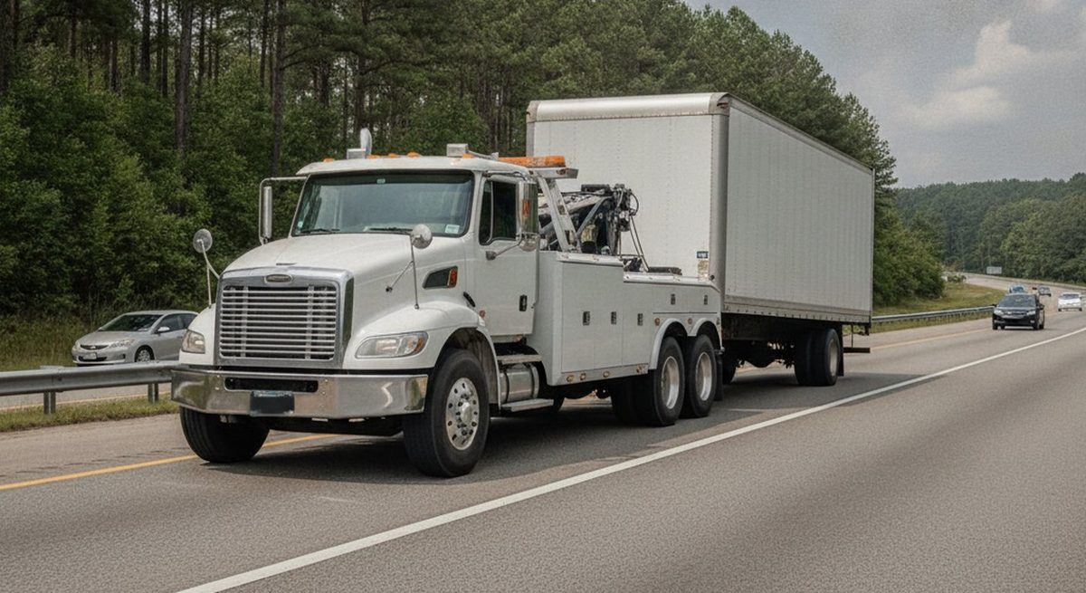 Heavy-duty tow truck on a Fayetteville NC highway