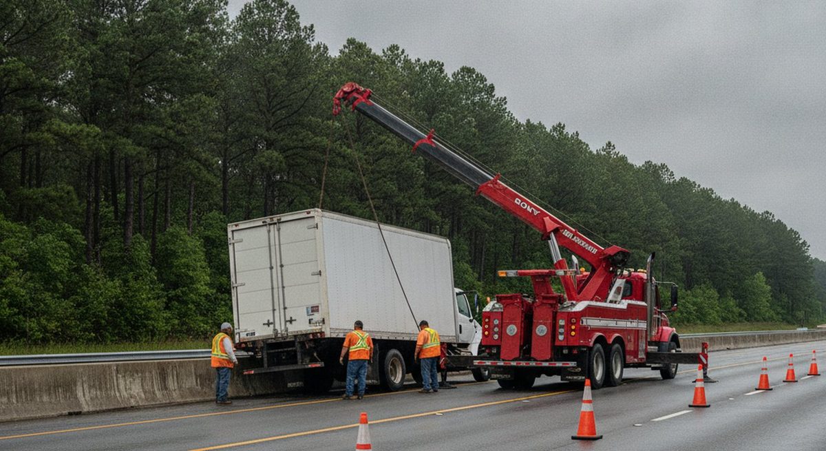 Heavy wrecker recovering a semi-truck in Fayetteville NC