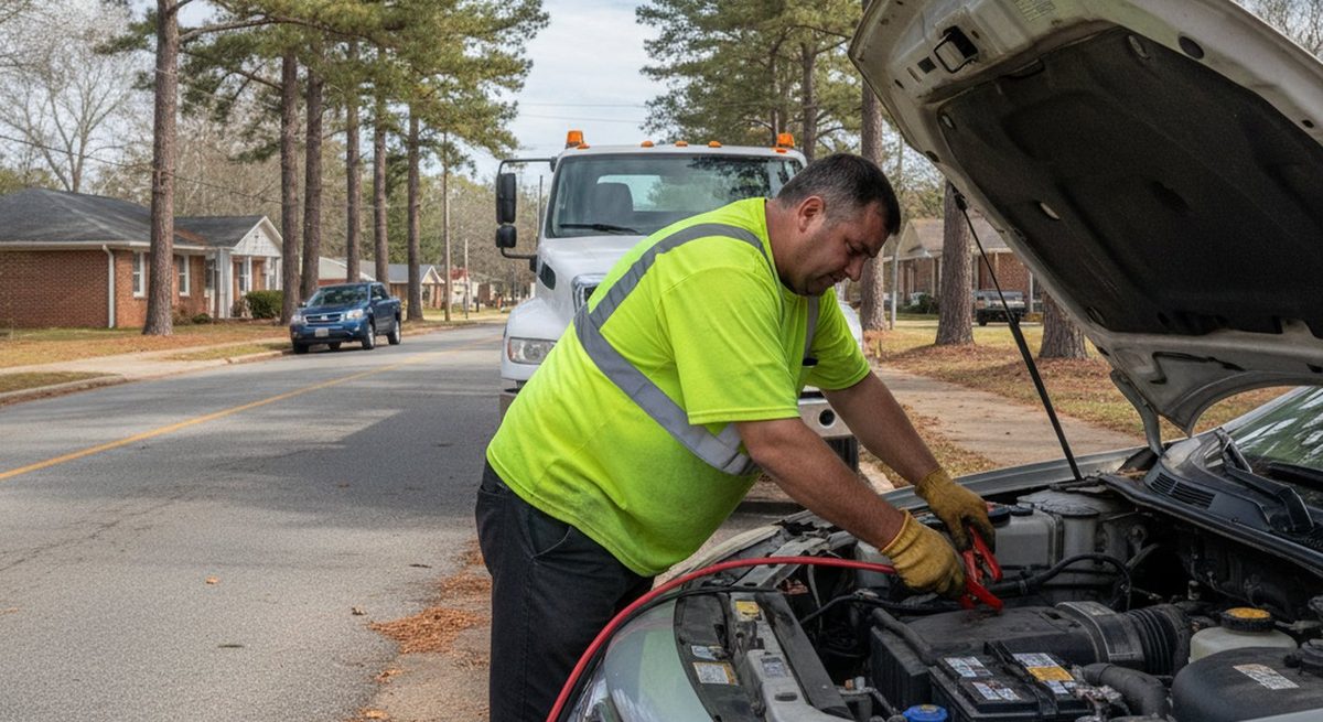 Roadside technician jump-starting a dead car battery in Fayetteville NC