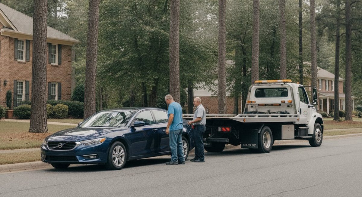 Local tow truck assisting a stranded motorist in Fayetteville NC