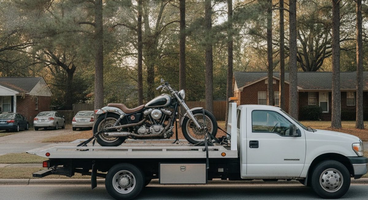 Motorcycle secured on a tow truck in Fayetteville NC