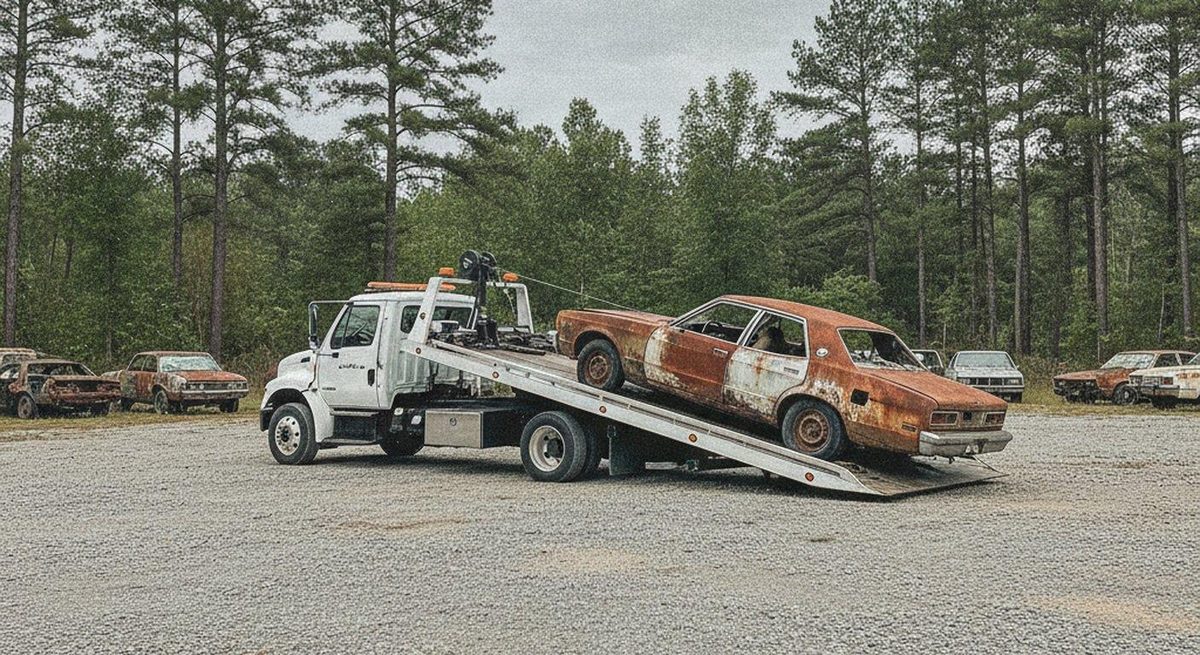 Scrap car loaded onto a flatbed for removal in Fayetteville NC