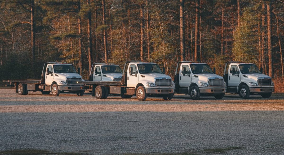 Fayetteville NC towing company fleet of flatbed and wrecker trucks