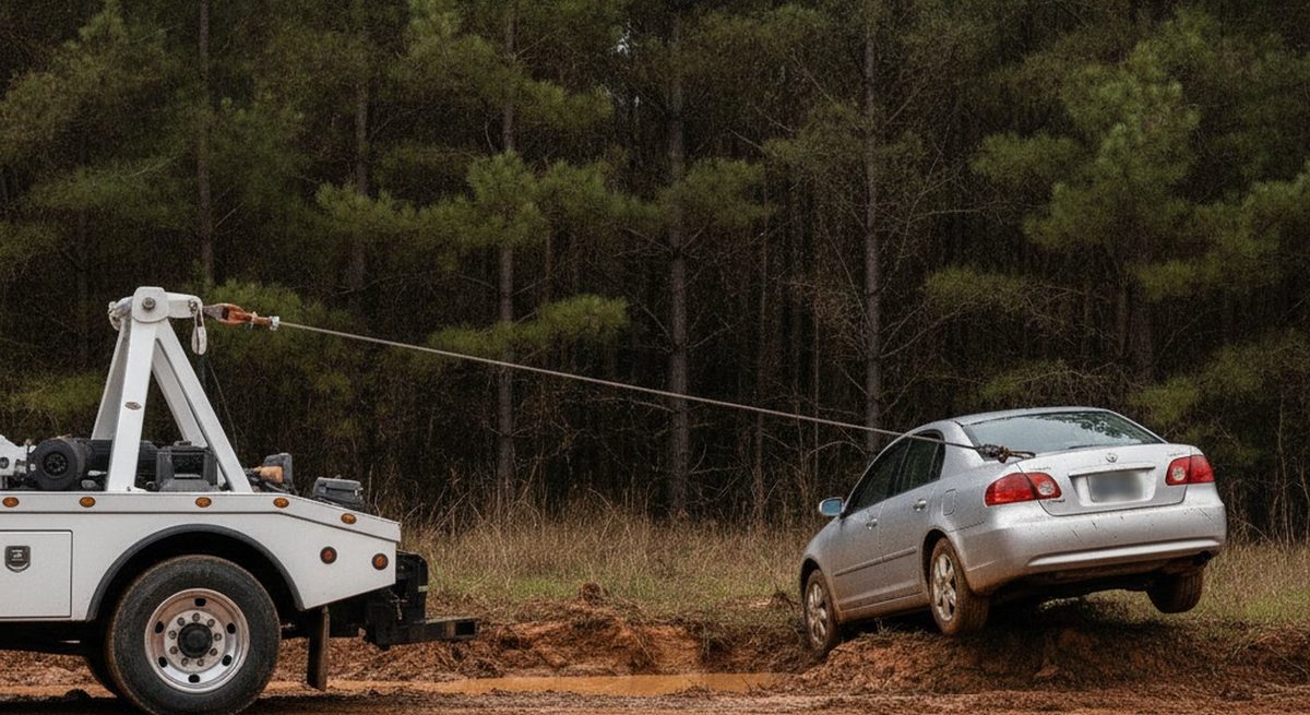 Tow truck winching a vehicle out of a ditch in Cumberland County NC